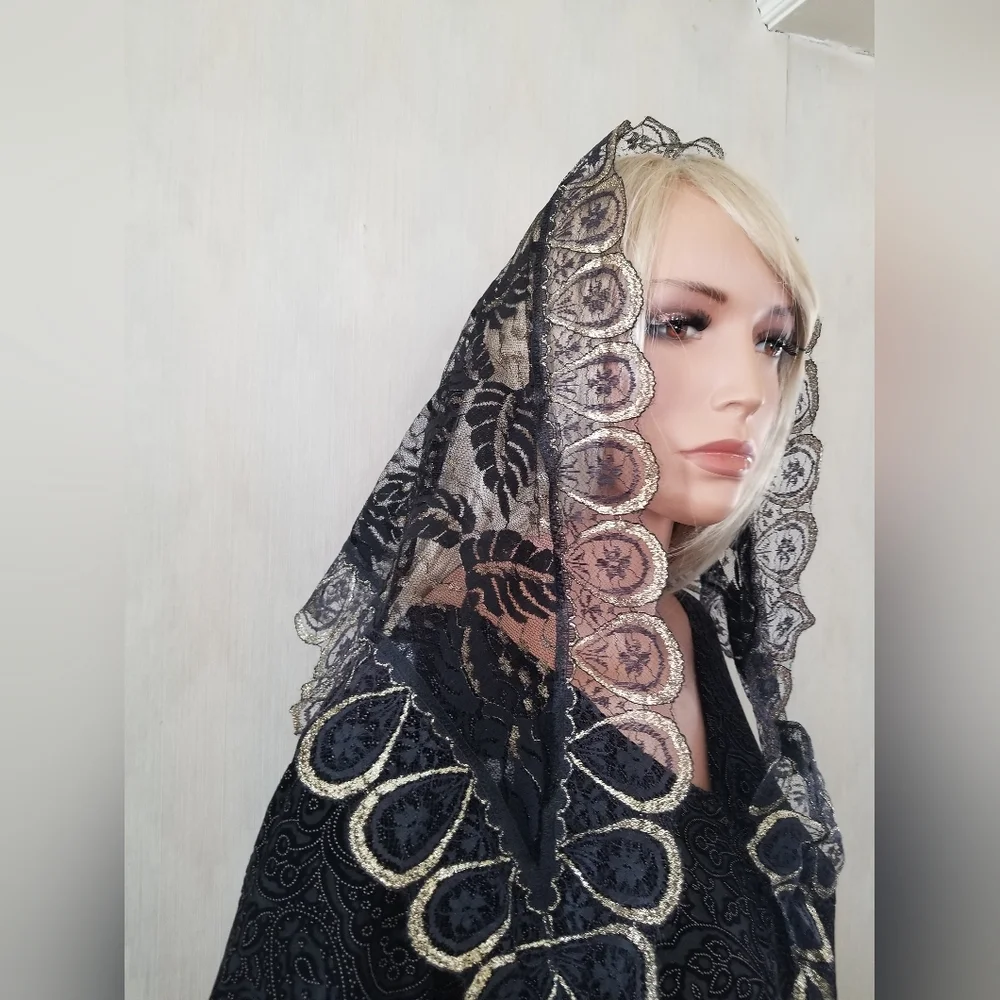 Black and Gold‎ Lace Palm Leaf Mantilla Chapel Veil Catholic Mass Holy Week